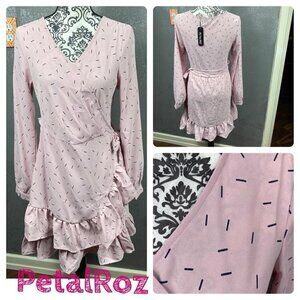 Pink sprinkle faux wrap long sleeve ruffle dress with tie. pastel v-neck. Sz S